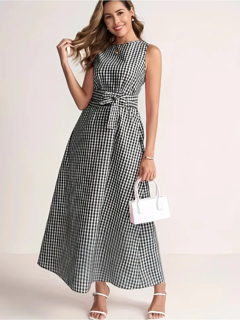 GINGHAM Black and White Maxi Dress with Waist Tie - Picture 3 of 10